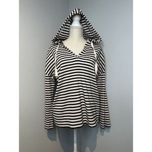 Lou & Grey Striped Cotton Hoodie Sweatshirt XS Drawstring Draped Shoulder